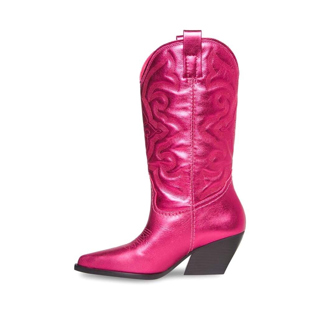 Hot Pink Metallic Leather Cowgirl Western Block Heel Boot Steve Madden